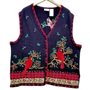 White Stag Vintage Vest Red Cardinal Birds Embellished Plus 18W/20W